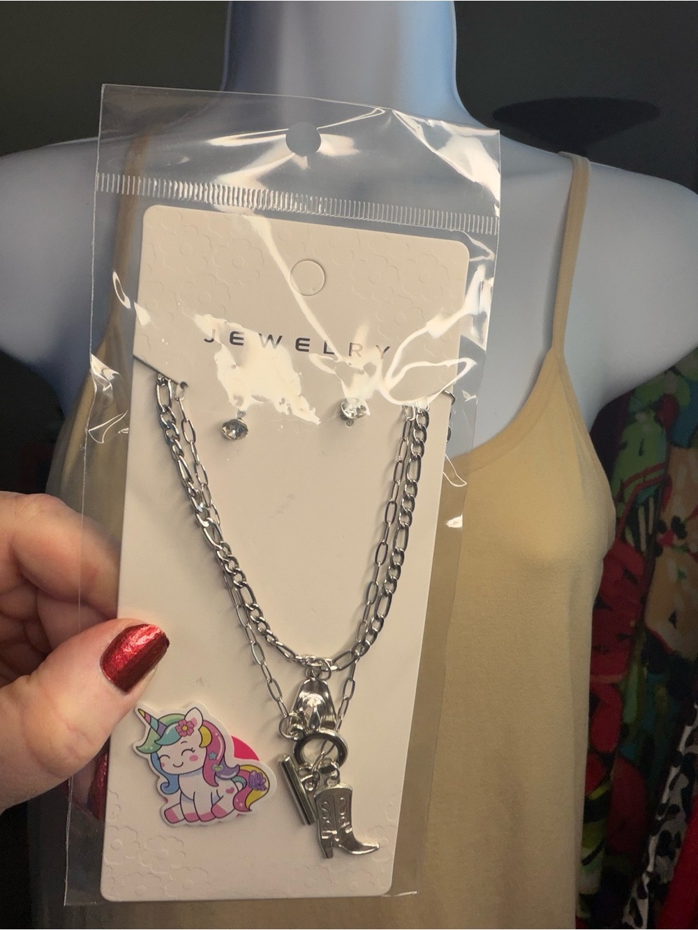 NWT Western Cowgirl Layered Toggle Necklace & Earrings Set Hat Boot Silver Tone